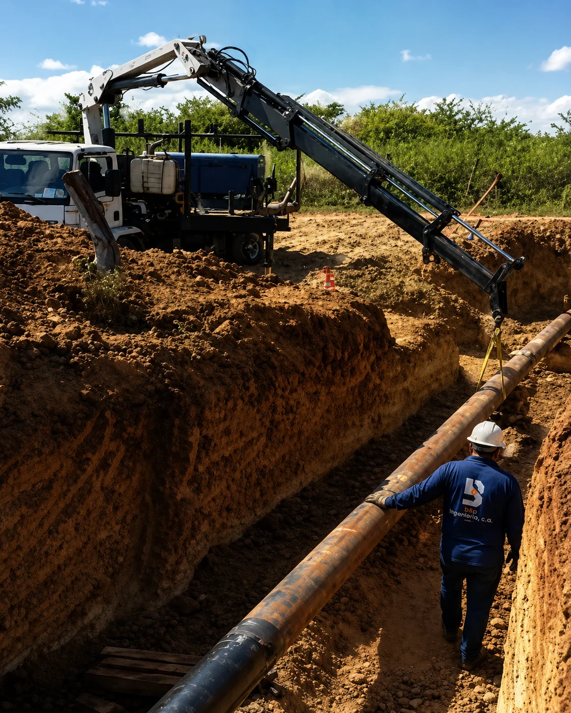 Machinery and pipeline in trench during works performed by B&P Ingeniería, C.A. — BYPICA